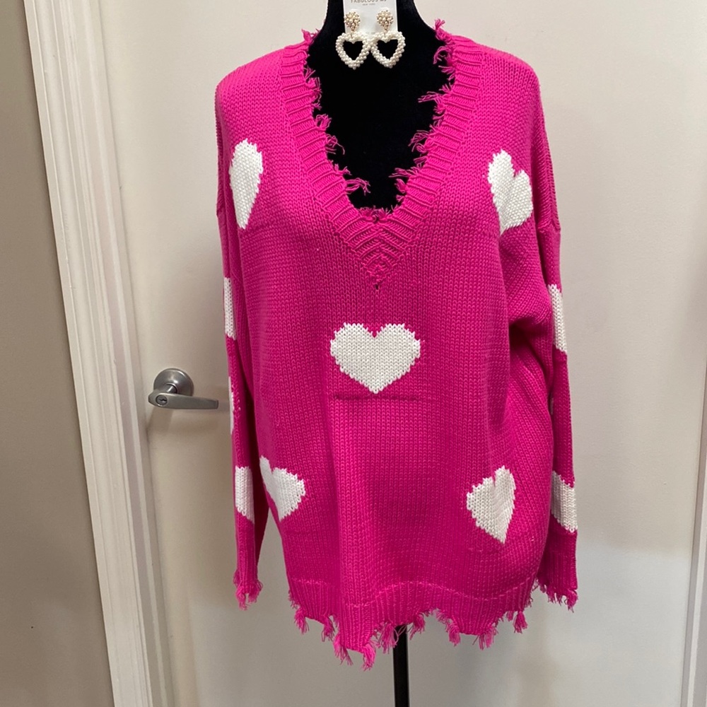 Hot pink Heart Distressed Sweater